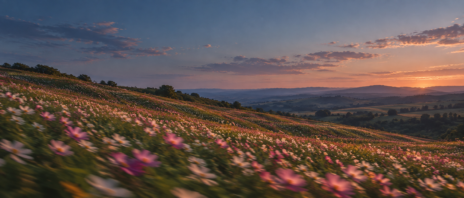 A meadow of wildflowers caught in a summer breeze. Dark section or closing banner.