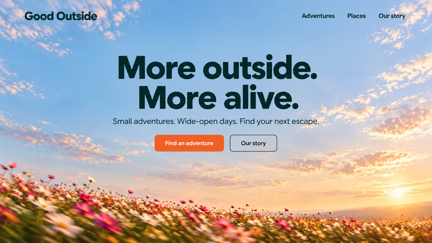 Good Outside · Outdoor experiences. Static website hero mockup using Wildflower wind imagery.