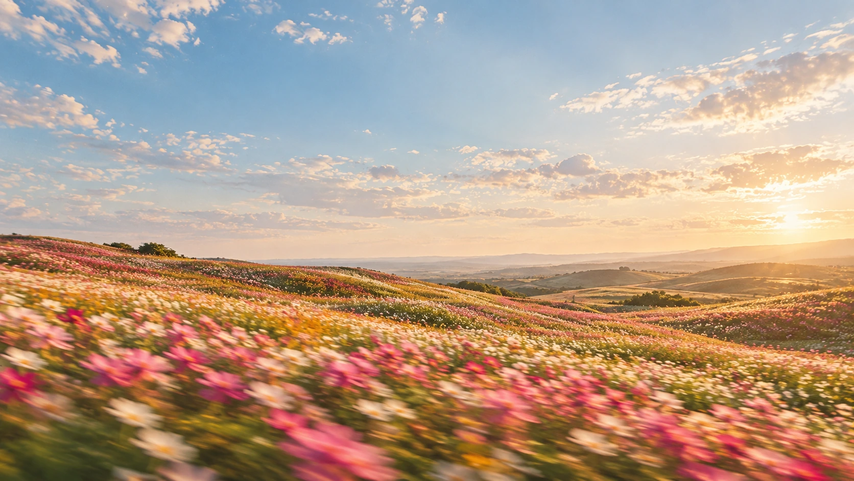 A meadow of wildflowers caught in a summer breeze. Main background.